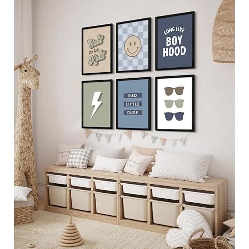 Boy Nursery Wall Art Decor Toddler Baby Boy Room Canvas Pictures Blue Cool Nursery Poster Teen Playroom Prints Long Live Boyhood Artwork for Kids Bedroom 8x10 Inch Black Wood Framed Set of 6 thumbnail 4