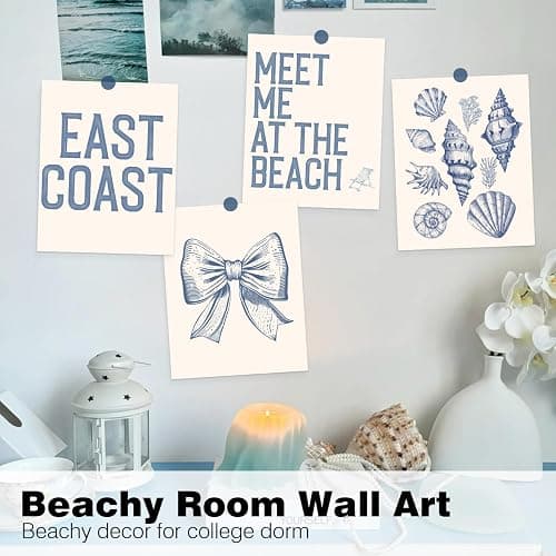 JXREQ Blue Coastal Beach Room Decor for Teen Girls College Dorm Bedroom, Preppy Coquette Coastal Granddaughter Beachy Room Nursery Wall Decor, Trendy Seashell Bow Posters Set of 4, 8x10 Unframed thumbnail 6