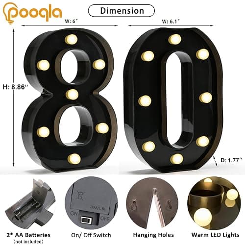 Pooqla Black Light Up Numbers, 80th Birthday Decorations for Men | Marquee Numbers Black Party Decorations, Plastic Number Sign Battery Operated 80th Anniversary Birthday Gift for Him Men thumbnail 3