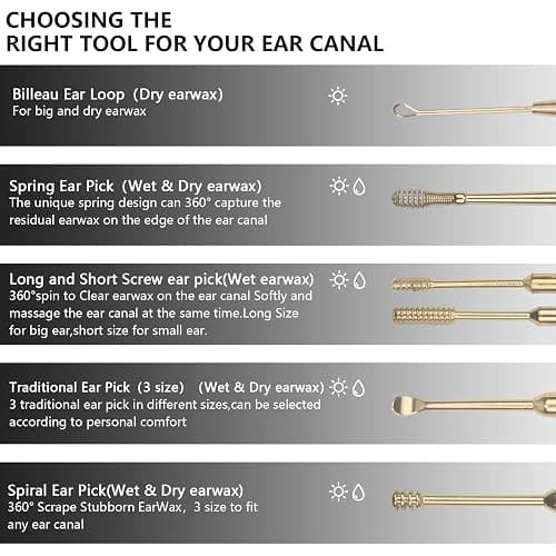 Hion 6 Pcs Extended Ear Wax Removal Kit,Professional Double-Headed Ear Pick Earwax Removal Tools,316L Stainless Steel Ear Cleaner Curette with Cleaning Brush and Storage Box,Suit for Kid Adult(Gold) thumbnail 2
