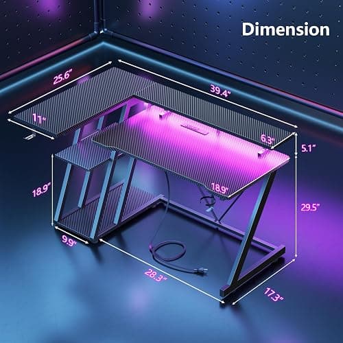 Korfile 40 Inch Gaming Desk with Power Outlet & LED Lights, L Shaped Computer Gaming Table with 3 Tiers Storage Shelves, Corner Gamer Desk with Monitor Stand for Small Space, Carbon Fiber Black thumbnail 3