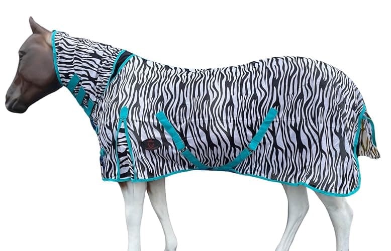 TECH EQUESTRIAN Horse Fly Sheet with Neck | Horse Combo Flysheet with Neck | Horse Summer Sheet with Hood (Zebra-Turq, 76) - Image 1