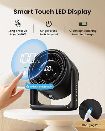 Gaiatop Desk Fan with Touch Control, 4000mAh Battery, 5 Speeds Ultra Quiet Bedroom Fan with LED Display, 90° Tilt, 7.7 Inch USB-C Rechargeable Desktop Fan for Dorm Office Room Home Office, Black thumbnail 2