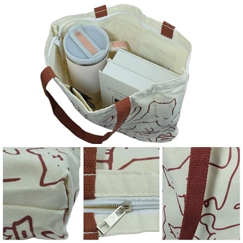  ★ Cute Tote Bag for Women with Zipper, Funny Purse with Cats Dogs Large Canvas Shoulder Bag Handbag thumbnail 5
