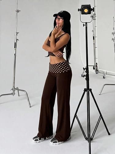 TELUPDI Womens Polka Dot Fold Over Yoga Pants Low Rise Wide Leg Flare Leggings Bell Bottom Lounge Y2K Foldover Pants thumbnail 8