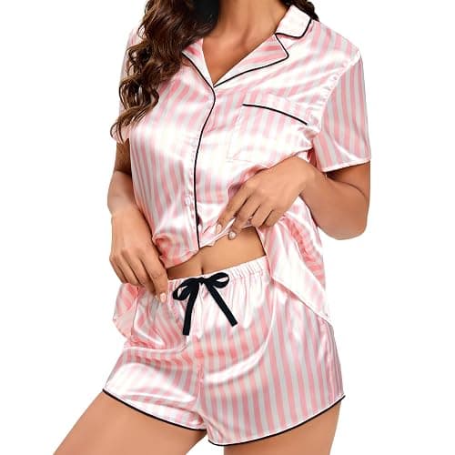 Lanyoshe Silk Pajamas for Women Satin Womens PJ Set 2 Piece Short Lounge Set Summer Sleepwear Notch Collar Button-Down Pjs - Image 1