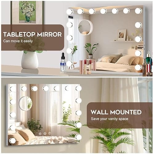 Ruication Hollywood Vanity Mirror with Lights, 58×48cm Large Lighted Makeup Mirror with 15 Dimmable Bulbs, Touch Screen Control and USB Output Port, Tabletop or Wall Mounted Mirror For Bedroom thumbnail 5