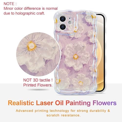 EYZUTAK Case for iPhone 12, Colorful Retro Oil Painting Flower Laser Glossy Pattern Cute Curly Wave Border Exquisite Phone Cover Stylish Durable TPU Protective Case for Girl Women - Light Purple thumbnail 2