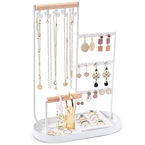 ProCase Jewelry Organizer Tower, 10 Hooks Jewelry Storage Rack Tree Holder Stand with Velvet Ring Display Tray for Necklaces Bracelets Earrings Rings Watches -White - Image 1