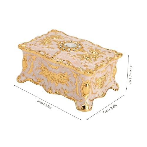 Vintage Metal Jewelry Box Small Trinket Jewelry Storage Box, Vintage Rectangle Trinket Jewelry Box Treasure Chest Box Jewelry Decorative Box Women Girls (Gold White) thumbnail 2