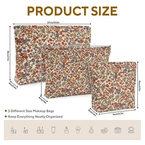 3Pcs Floral Makeup Bags, Cosmetic Bags for Women, Large Capacity Corduroy Makeup bag Set and Portable Mini Makeup Bag,Aesthetic Women Handbags Purses, Travel Essentials Aesthetic Stuff (Floral 01) thumbnail 2