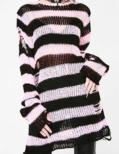 Vinsekep Women's See Through Hole Ripped Striped Long Knit Pullover Dress Sweaters Shirt thumbnail 4