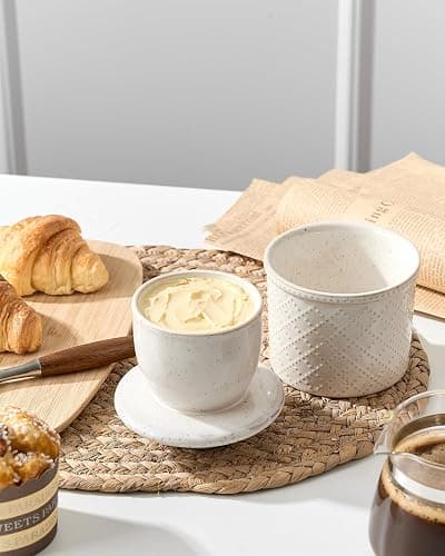 XELA - Ceramic Butter Crock - Butter Dish with Lid for Countertop - Keep Your Butter Perfectly Spreadable 24/7 - Embossed - Speckled White thumbnail 2