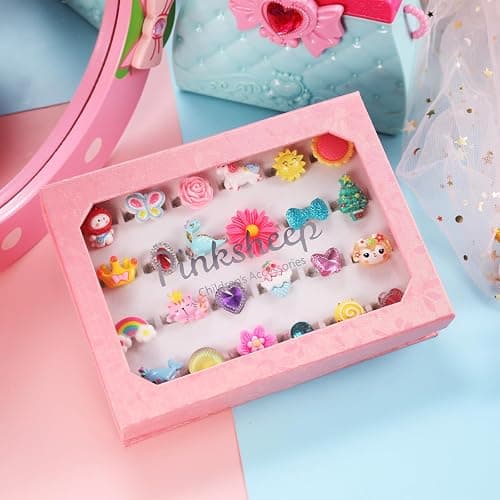 PinkSheep Little Girl Jewel Rings in Box, Adjustable, No Duplication, Girl Pretend Play and Dress Up Rings (24 Lovely Ring) thumbnail 2