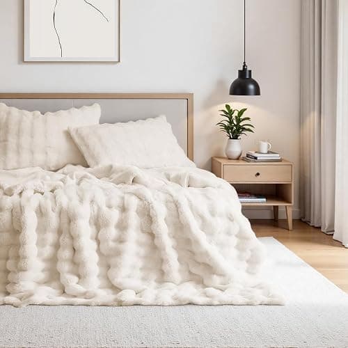 Lotus Karen Faux Fur Blanket - Cream White Twin Size, Big Bubble Rabbit Fluff, 60x80 Inches thumbnail 4