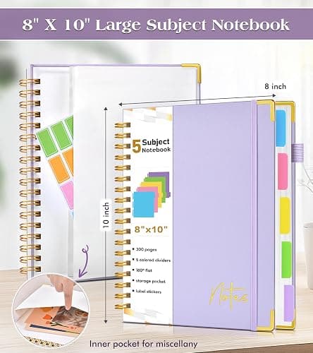 Spiral Notebook Journal with Removable Dividers Tabs, 300 Pages Hardcover Leather 5 Subject College Ruled Notebook, 8"x10" Large B5 Lined Journal for Women Men, Spiral Notebooks for Work School,Purple thumbnail 4