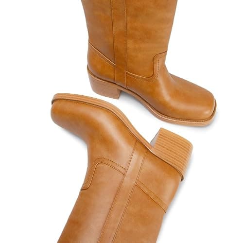 Women's Banana Knee High Boots Square Toe Chunky Block Heel Comfortable Low Heel Pull on Wide Calf Riding Long Boots for Women thumbnail 5