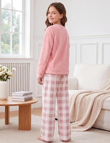 Weixinbuy Girls Fuzzy Pants Set Winter Flannel Fleece Outfits Pajamas Set for Kids Girls Crewneck Top & Plaid Pants Sweatsuit thumbnail 3
