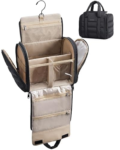 BAGSMART Travel Toiletry Bag with Removable Partition, Puffy Water-resistant Fabric Hanging Organizer for Full-Size Toiletries, Accessories, Black - Image 1