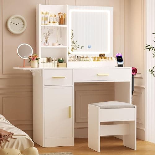ERLEJIA Vanity Desk with Mirror and Lights & Extral Foldable Desk, 31.5" & 39.3" Makeup Vanity Table with 4 Drawers and 3 Open Shelves, Dressing Table for Bedroom, White thumbnail 7