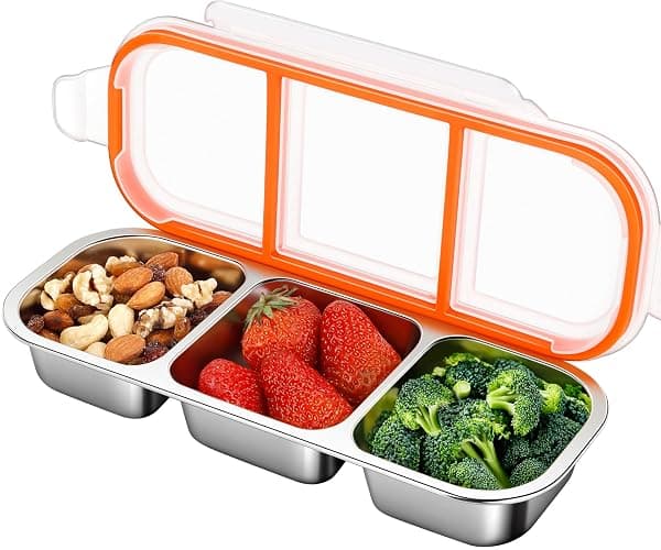 Stainless Steel Snack & Lunch Container, Kids & Adults, 20 oz, 10.7 in Long | 3 Sealed Compartments, Dishwasher-safe, Leak-proof, Stackable, Clear lid, 10.7 in long, For daycare, school, work & travel - Image 1