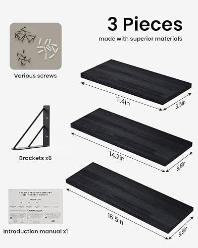BAYKA Wall Mounted Floating Shelves, Wood Floating Wall Shelf for Books & Decor, Small Space-Saving Display & Organizer（Black，Set of 3） thumbnail 9