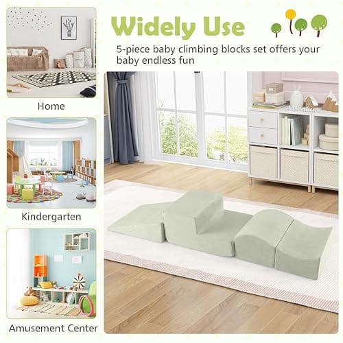 COSTWAY 5-Piece Soft Play Climbing Blocks, Baby Climb and Crawl Playset with Ball Pit, Foam Playground Montessori Toy for Toddlers (Green) - Green thumbnail 8