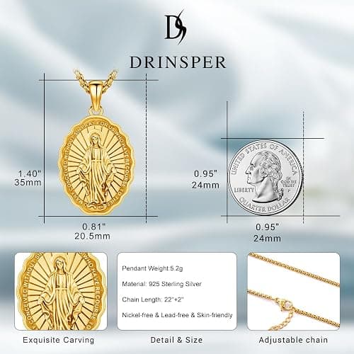 DRINSPER Virgin Mary Miraculous Medal Necklace for Women 925 Sterling Silver Virgen De Guadalupe Pendant Blessed Mother Mary Virgencita Necklace for Men Protection Jewelry Christmas Gifts thumbnail 2