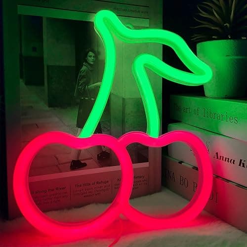 Cherry Neon Sign Red Green Cherries Neon Lights 7.5 * 8.9IN Cherry Neon Signs for Wall Decor, Cute Fruits LED Signs for Kids Room Restaurant Bar Fruit Shop Home thumbnail 5