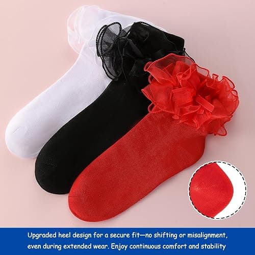 Dicry Women's Big Ruffle Socks with Bows Double Lace Turn Cuff (Size 9-11, 3 Pairs) thumbnail 4