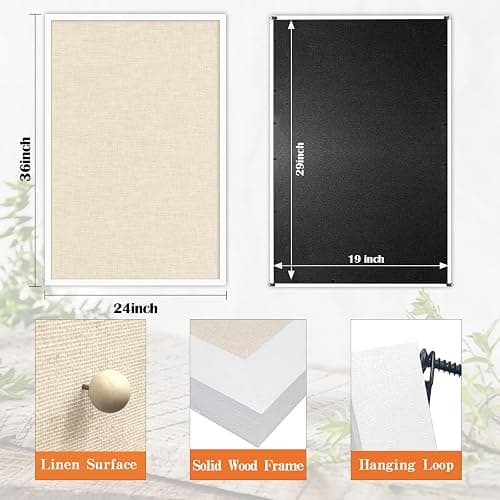 Cork Board with Linen 36x24 inch Bulletin Board Office Decor Hanging Pin Wood Framed Display Picture Vision Board Light for Wall School Office Bedroom (White, 36“×24“) thumbnail 3