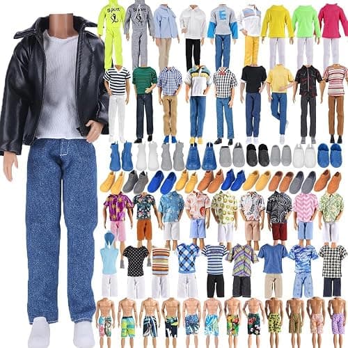 E-TING 10-Item Fantastic Pack = 5 Sets Fashion Casual Wear Clothes Outfit for boy Doll with 5 Pairs Shoes (Leather Jacket + Casual Wear Clothes + Swimwear) - Image 1