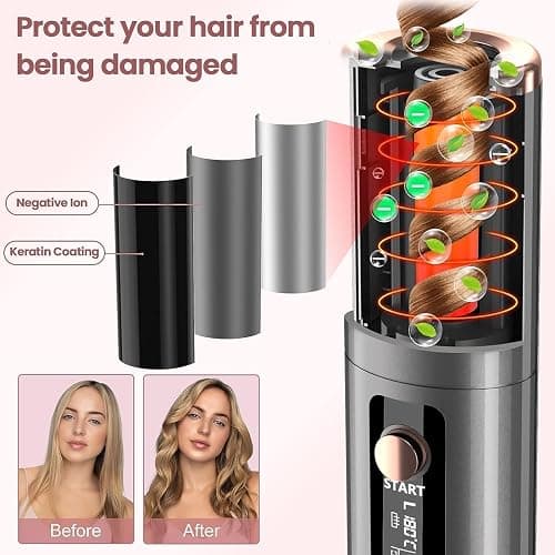 Automatic Hair Iron, Cordless Hair Curler PTC Ceramic Hair Curling Negative Ion Portable 5000mAh Rechargeable USB Anti-Tangle 6 Temperature & Timer 10min Auto Off Curling Wand for Home/Travel Use thumbnail 4