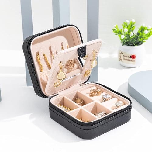 KElofoN Travel jewelry case Travel jewelry box Travel Jewelry Organizer Small Jewelry Organizer Box Gift for Girls Women with Mirror(Black) thumbnail 2
