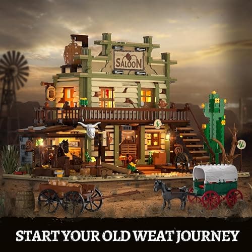 INSOON Western Saloon Building Set with LED Light, Wild West Building Block Toy 1727 PCS, Old West Construction Model with Horse Stable Cowboy Hat, House Building Kit Gift for Adults Teens 12+ thumbnail 5