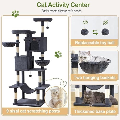 Large Cat Tree Tower for Indoor Cats Adult, 74.8 Inch Tall Large Multi-Level Tree Towers with Scratching Posts, Condo, Hammock, Bed for Big Cats, Modern Cat Trees Furniture Heavy Duty (Dark Gray) thumbnail 5