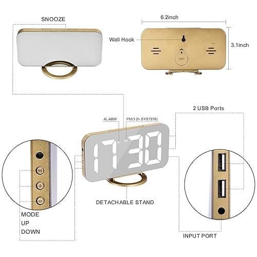 SZELAM Digital Alarm Clock,LED and Mirror Desk Clock Large Display,with Dual USB Charger Ports,3 Levels Brightness,12/24H,Modern Electronic Clock for Bedroom Home Living Room Office - Gold - Gold thumbnail 2
