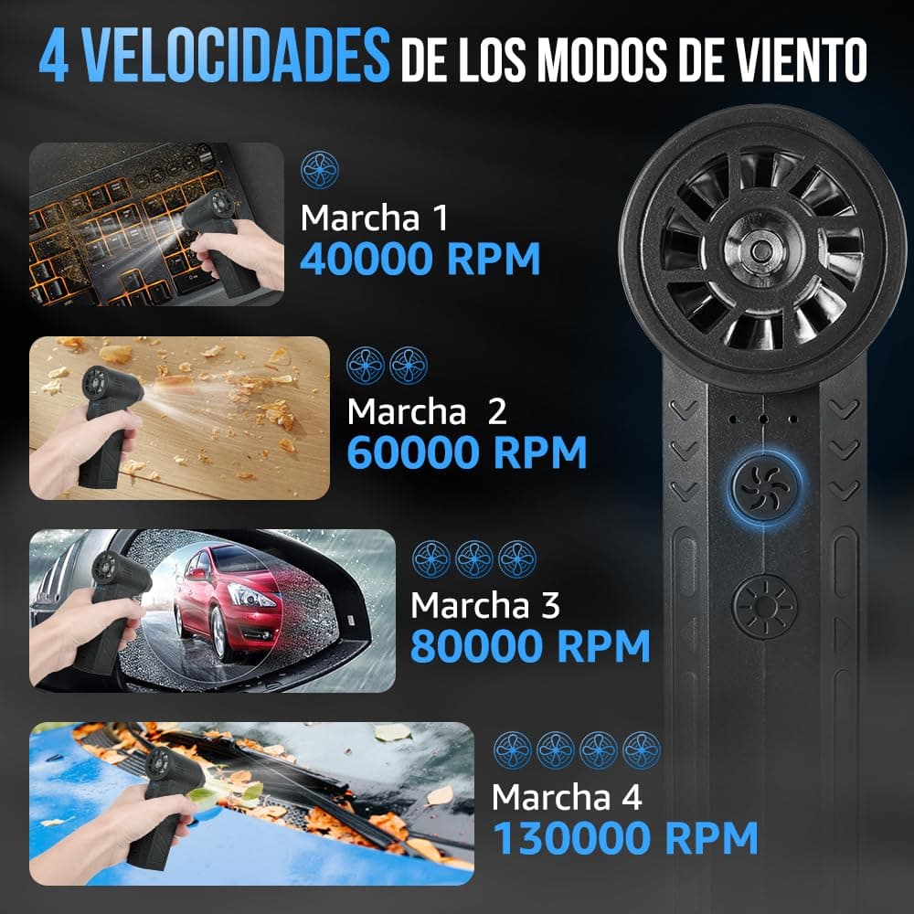 Nasjac Plumero de Aire Comprimido Eléctrico, 16 en 1 Soplador de aire Inalambrico de 130000RPM para limpiador Teclado y PC, Pistola de Aire Comprimido con Luz LED, Ventilador Turbo con 4 Velocidades thumbnail 2