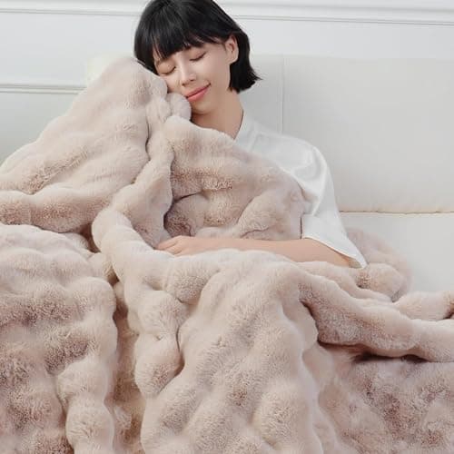 Super Comfort Oversized Warm Thick Bubble Luxury Plush Rabbit Faux Fur Throw Blanket, Fluffy Blanket,Soft Cozy Blanket for Couch Chair Bed Sofa Living Room (Wheat, 60inX80in) thumbnail 4