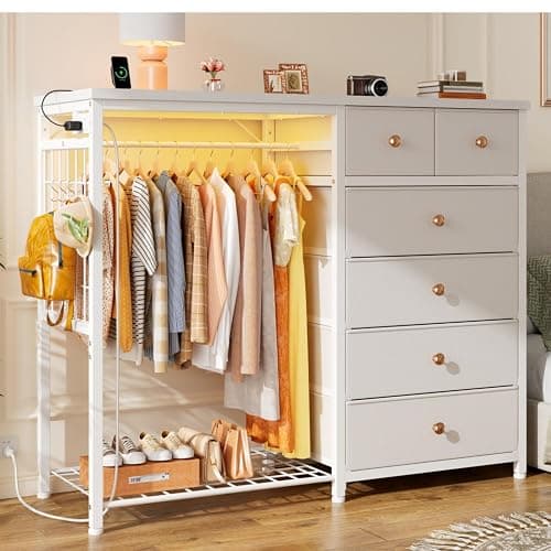 EnHomee 49.2" W Dresser with Hanging Rack & 6 Drawers, Grid Panel & 4 Hooks | Featuring LED Lights and Charging Station, Wooden Top Organize Unit for Bedroom, Chest of Drawers with Steel Frame, White - Image 1