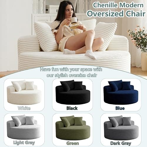 LUCKHAO 55'' Oversized Accent Chair, Comfy Corduroy Single Sofa with 3 Pillows, Upholstered Round Chair with Extra-Wide & Deep Seat for Living Room & Bedroom, White thumbnail 6