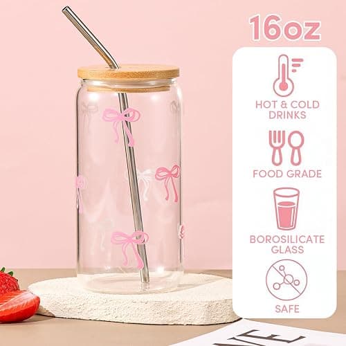 ANABIUP Coquette Cute Pink Bow Glass Cups with Lids and Straws, Aesthetic Iced Coffee Cup, Girly Preppy Design Tumbler Mug for Teen Girls Women Girlfriends Gifts thumbnail 4