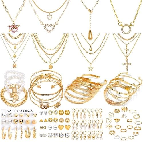 IFNODO 116Pieces Gold Plated Jewelry Set with 8 PCS Necklace, 22 PCS Bracelet, 66 PCS Stud Dangle Earring, 20 Pcs Knuckle Rings for Women Valentine Anniversary Friendship Gifts (GOLD SET) - Image 1
