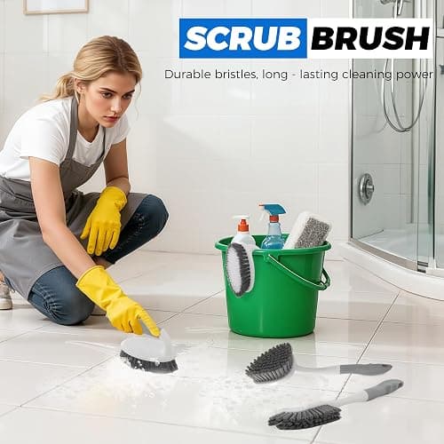 3 Pack Heavy Duty Scrub Brush Set for Household Use, Long Scrub Brush, Handheld Scrub Brush, and Crevice Brush with a Scraper Head for Cleaning Bathroom, Tile, Grout, Tub, Floor, Sink thumbnail 5