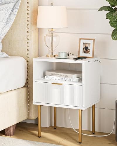 Masupu Nightstand with Charging Station,Mid-Century Modern Bedside Table with Storage Drawer and Open Wood Shelf,Small Gold Frame Side Table for Bedroom,Living Room (White) - White Stripe - 1 Drawer thumbnail 5