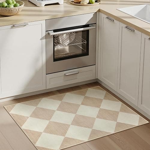 Beeiva Checkered Print Washable Indoor Door Mats for Entryway, 2x3 Non Slip Ultra Thin Bathroom Rugs Fit Under Door, Moroccan Diamond Decor Beige Small Rugs for Bedroom Kitchen Laundry Entrance thumbnail 2