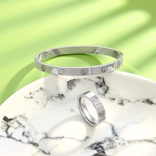 18K Gold Plated Friendship Love Bracelet with Ring Jewelry Set for Women Stainless Steel Cuff Oval Bangle Simple Hinged Cubic Zirconia Stones Bangle Cuff Best Gifts for Mother's Day Valentine's Day Wedding Couples and Birthdays thumbnail 3