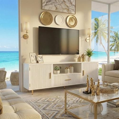 DIYART Modern Fluted TV Stand for 55/60/65 Inch TV, 57" Entertainment Center Media Console Table with Drawer & Storage Cabinets, Ribbed Design TV Cabinet Credenza for Living Room, White thumbnail 5
