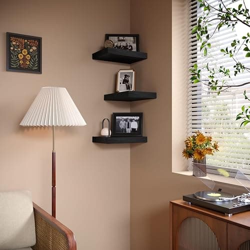 PopiShelves Small Floating Shelves for Wall - 12 x 9 Inch Black Shelves for Bedroom, Living Room, Bathroom, Kitchen, Office Decor Set of 3 thumbnail 5