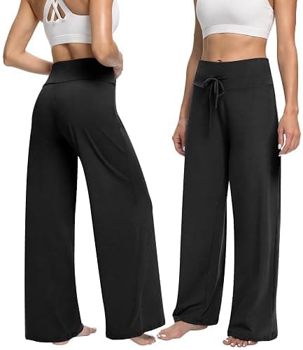ZOOSIXX Soft Black Pajama Pants for Women, Wide Leg Comfy Casual Lounge Yoga Capri Pants 22'' / 30'' thumbnail 2
